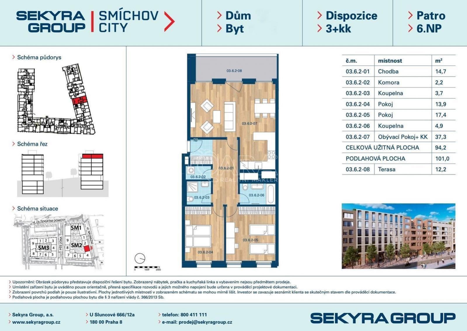 Pronájem nového bytu 3+kk 113 m2 s terasou, garážovým stáním a sklepem, Smíchov City - Praha 5, obrázek č. 2